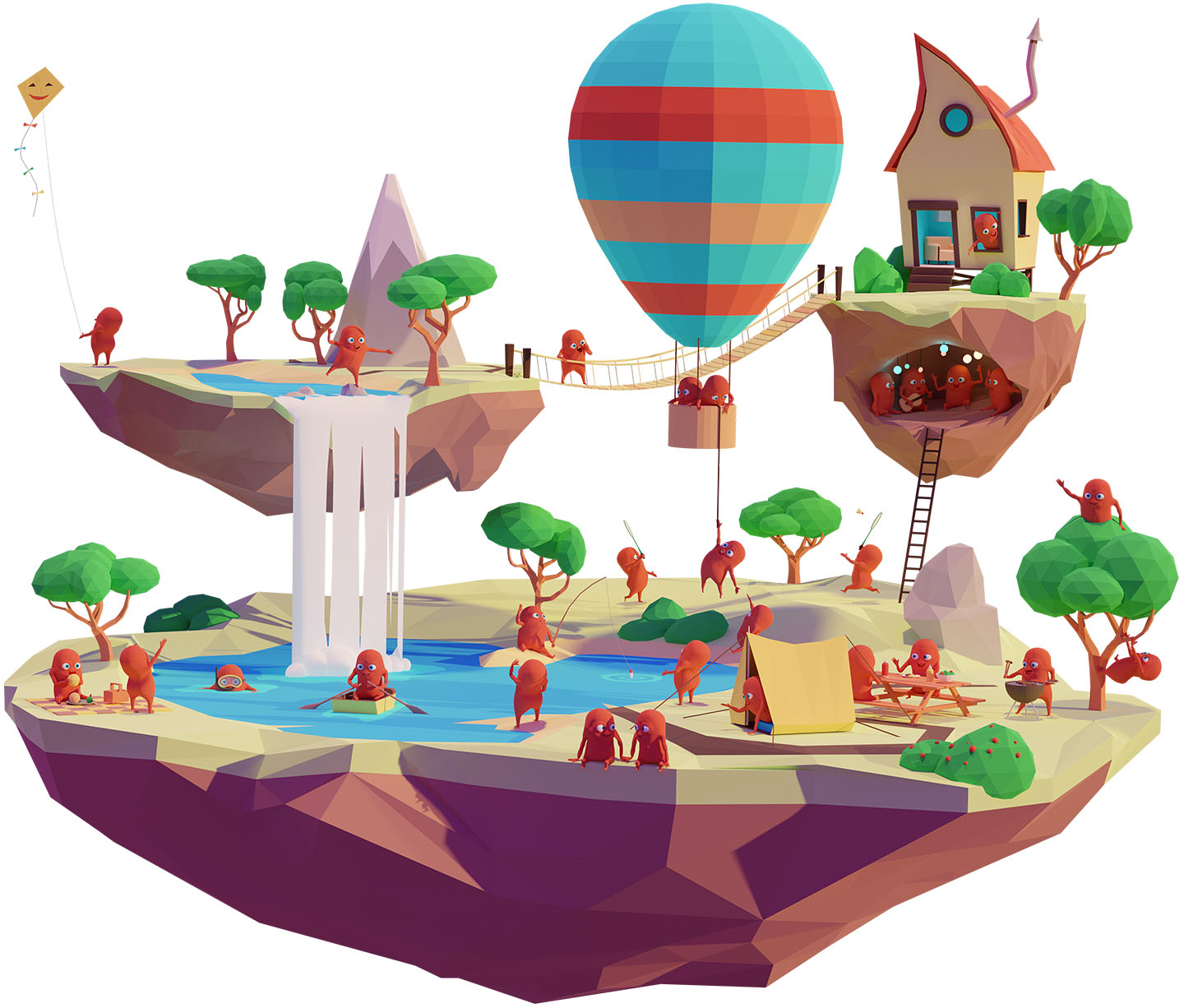 Phantasiewesen Illustration, kleine rote Wesen spielen auf drei fliegenden Inseln, ein Wasserfall fließt von einer Insel auf eine andere hinab. Eine Hängebrücke verbindet die beiden oberen brücken. Es wird gegrillt, Es gibt eine Höhle mit einer Party gesellschaft, die Gitarre spielt. Es gibt ein Picknick, einen Ruderboot fahrer, jemand Angelt und im Hintergrund spielen zwei der roten Wesen Federball.